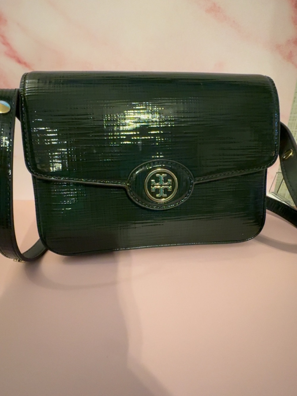 Tory Burch Dark Green Patent Leather Flap Crossbody